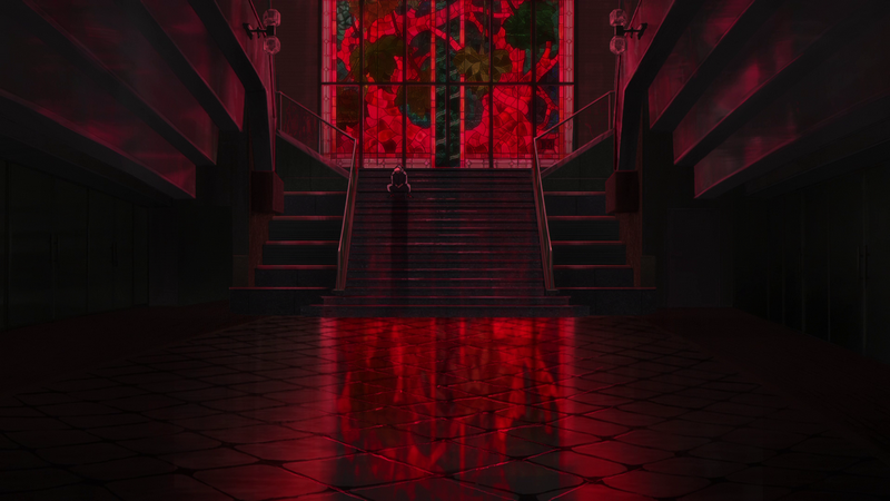 Yuji Itadori in a dimly lit hallway with a red stained glass window