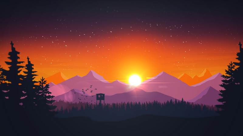 Sunset over mountains with trees and stars