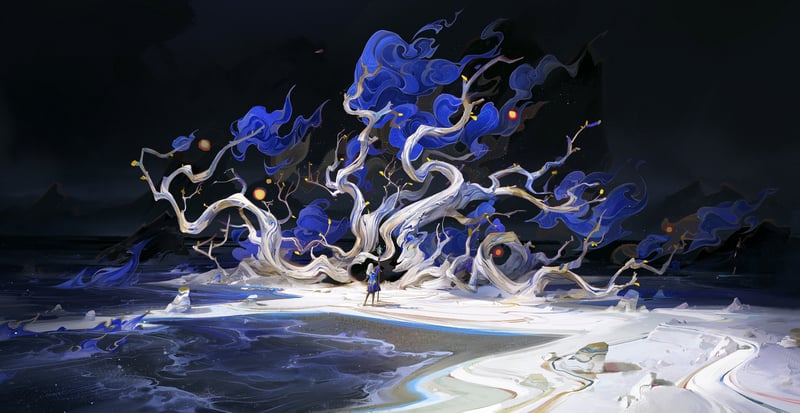 A lone figure stands before a fantastical, glowing tree