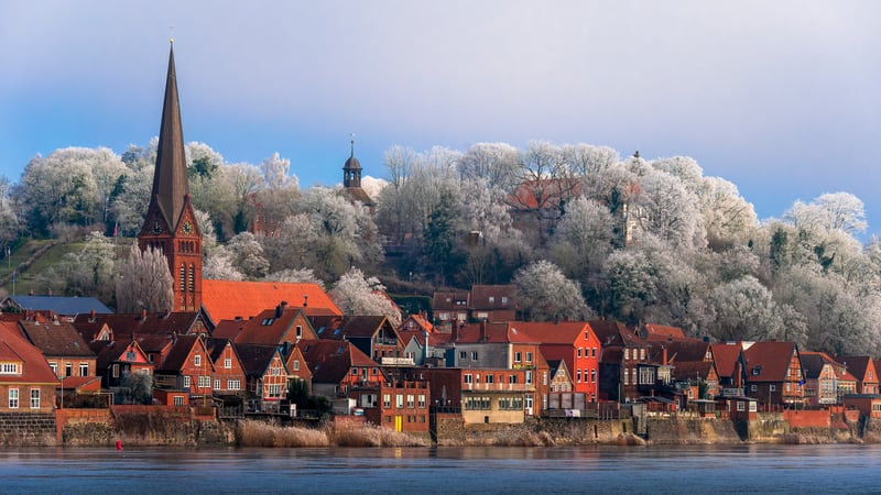 Winter village with frosted trees on a riverbank