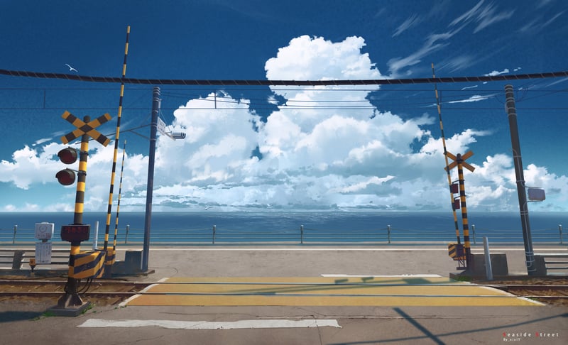 Level crossing with sea and clouds