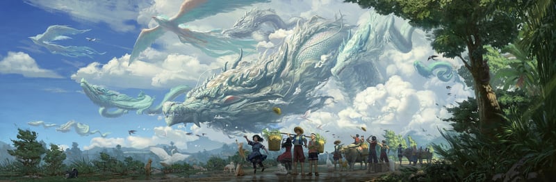 Creature and people in a fantasy landscape