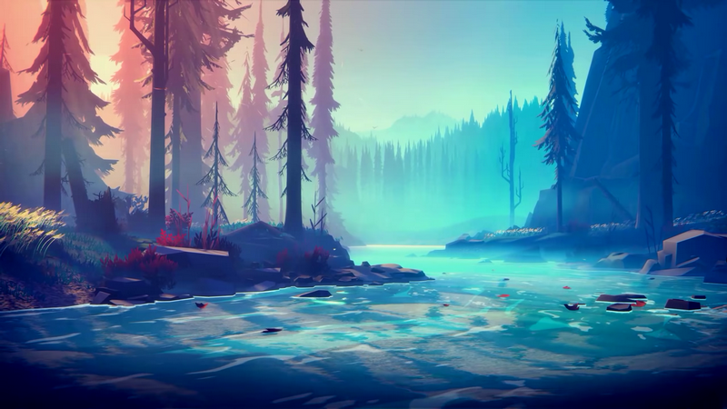 Among Trees: Colorful Minimalist Forest River Landscape
