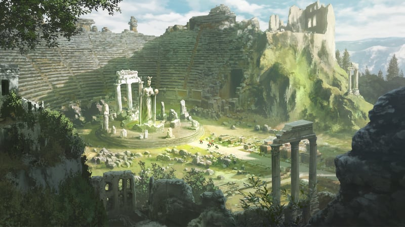 Ancient ruins with amphitheater and statues