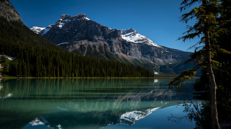 Snow-capped mountains reflected in a clear lake