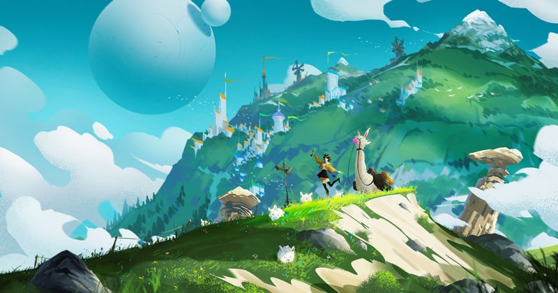 Anime girl and llama on a fantasy mountain landscape