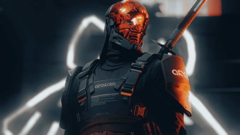 Fictional character from Cyberpunk 2077 with sword