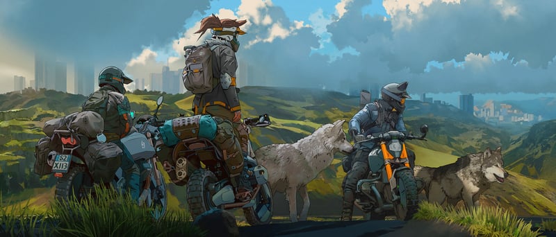 Motorcycle riders and a wolf in a post-apocalyptic landscape