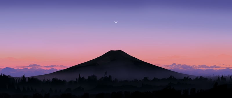 Ultrawide landscape with mountain and crescent moon