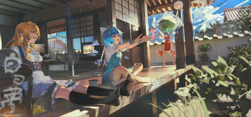 Touhou: Cirno, Reimu, and Marisa on a porch