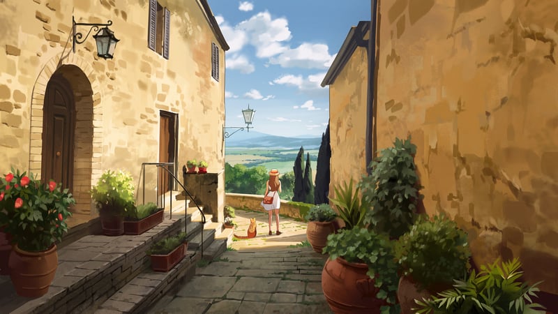 Woman and cat in a Tuscan alley