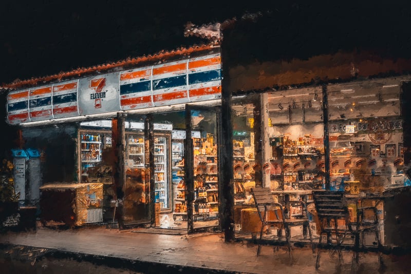7-Eleven store at night with warm lighting