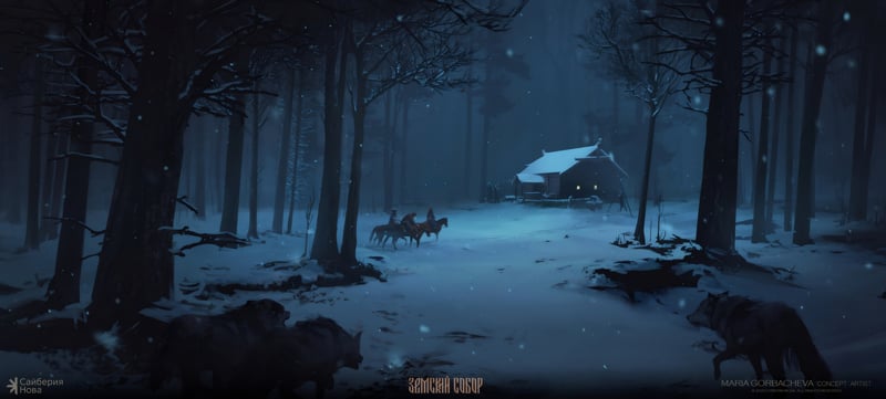 Winter night scene with horses and a cabin