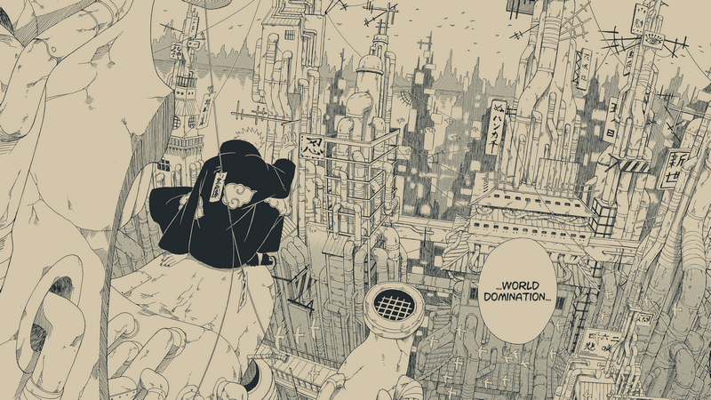 Pein contemplates world domination in a futuristic city