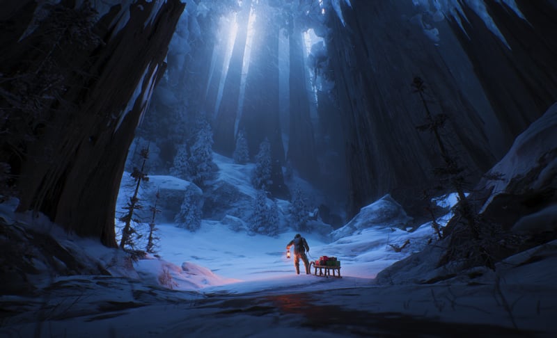 Man with lantern and sled in icy cave
