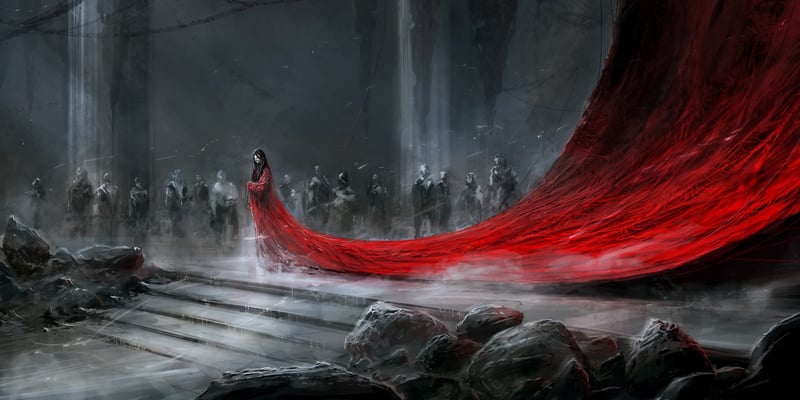 Woman in red dress with flowing train and crowd