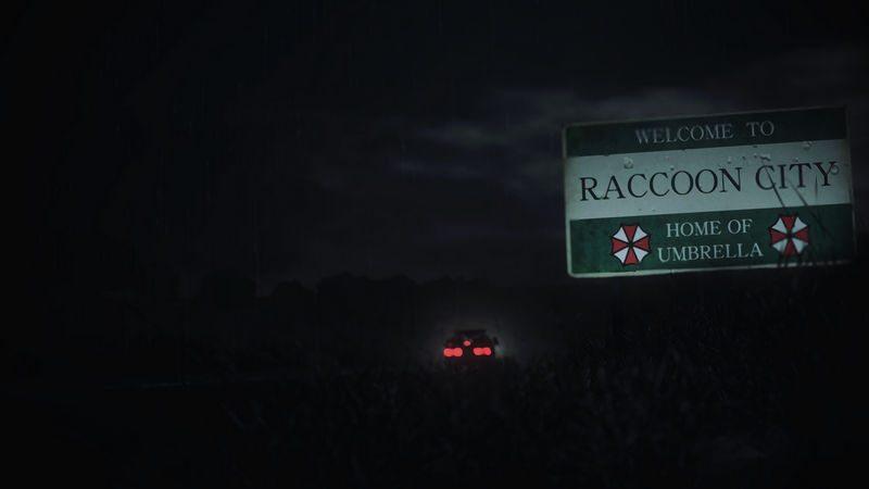 Resident Evil 2 Remake: Welcome to Raccoon City sign at night