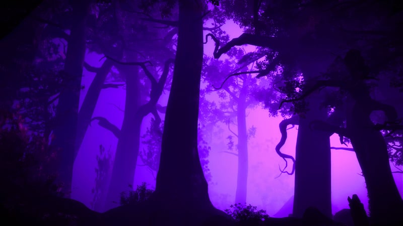 Video game art of a purple forest at night