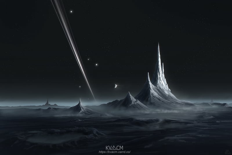 Alien planet landscape with rings and spires