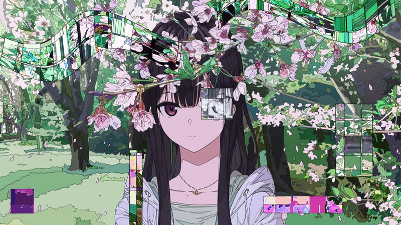 Anime girl with glitched eye and cherry blossoms