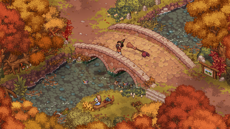Witchbrook pixel art: witch on a bridge in autumn