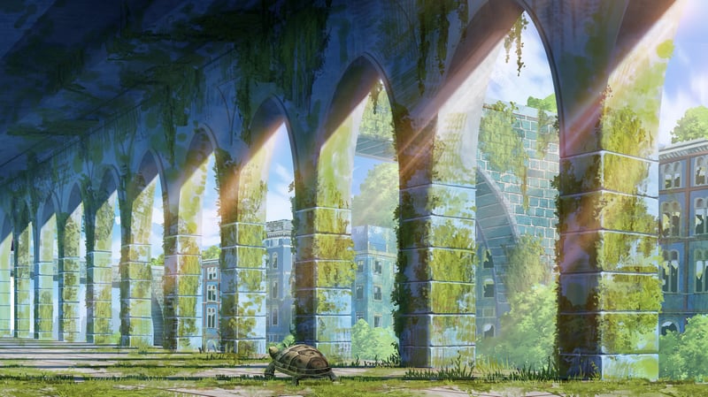 Turtle walks through overgrown abandoned stone ruins with sun rays