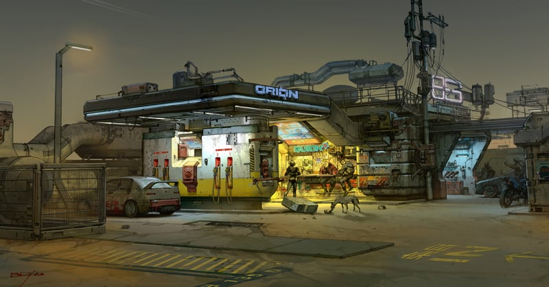 Cyberpunk gas station with a car and neon sign