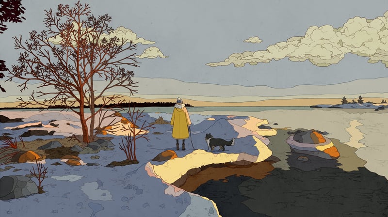 Scenery: Woman and dog on a snowy shore