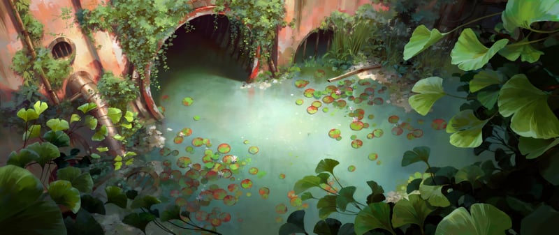 Arcane canal with water lilies and overgrown foliage
