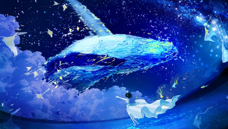 Anime girl with flying whale in starry sky