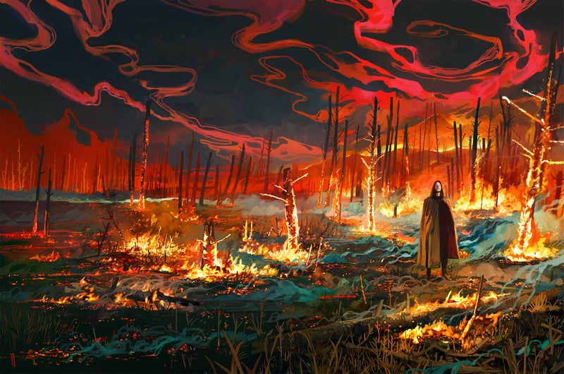 Figure in a burning forest landscape
