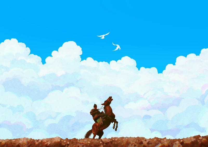 Scenery of a horse rider with birds in the sky