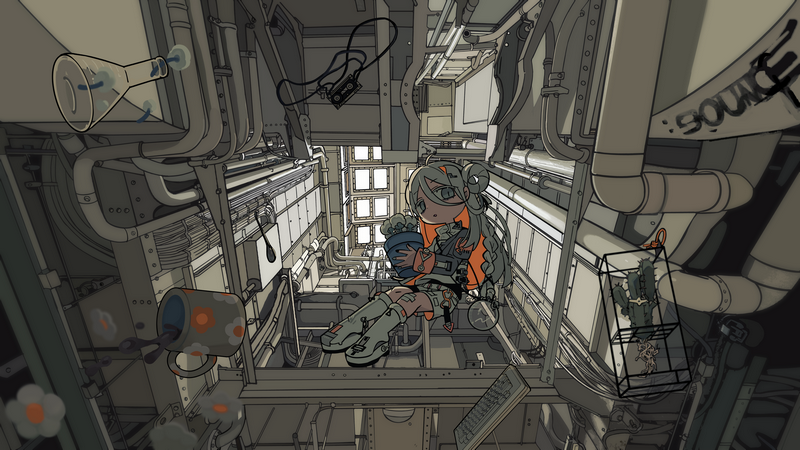 Anime girl with gray hair floating in a complex industrial setting