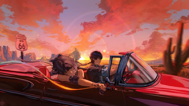 Wuthering Waves characters driving a red car at sunset