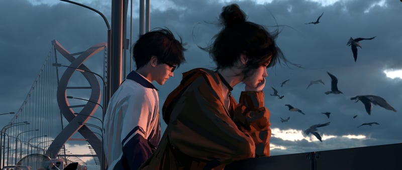 Couple watching birds at sunset