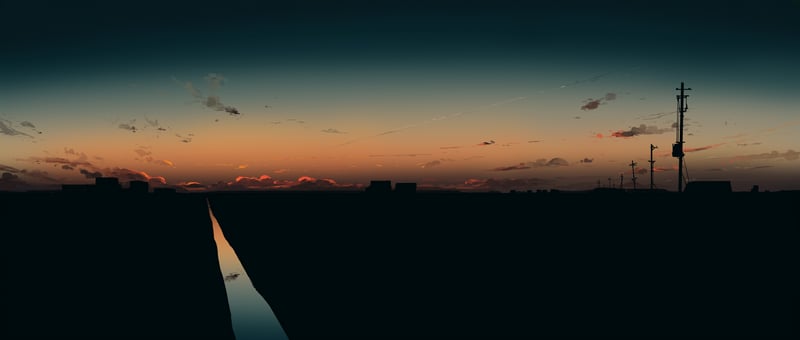 Sunset over a dark cityscape with a reflective canal