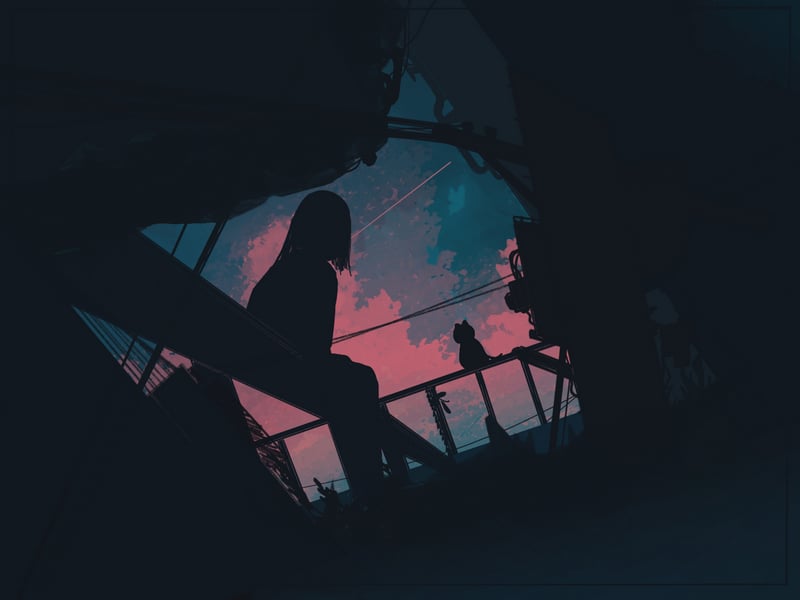 Anime girl and cat silhouette on a balcony