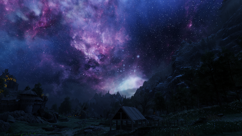 The Elder Scrolls V: Skyrim night sky with nebula and mountains