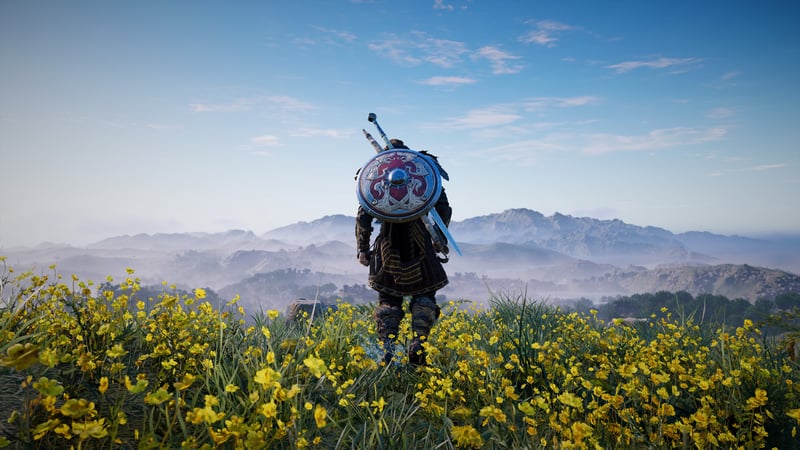 Assassins Creed Valhalla: Viking warrior in a field of flowers