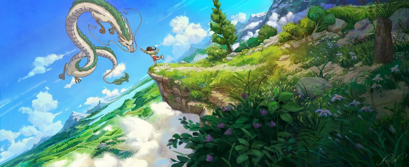 Chihiro and Haku in a mountain landscape