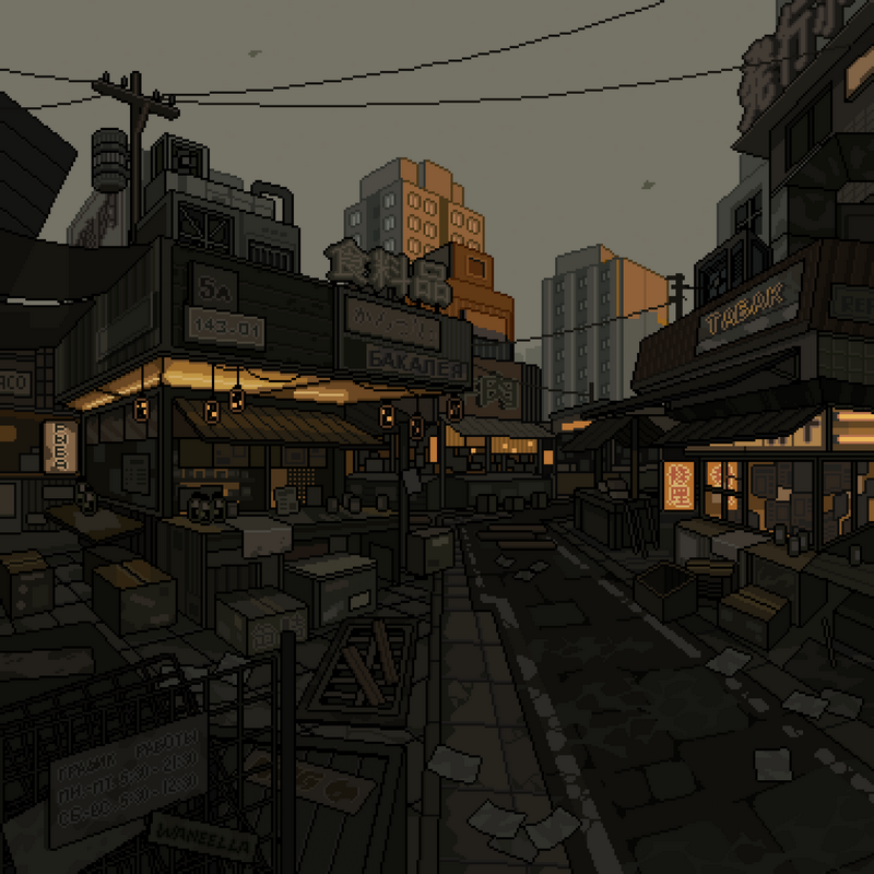 Pixel art Japanese town street with stores and boxes