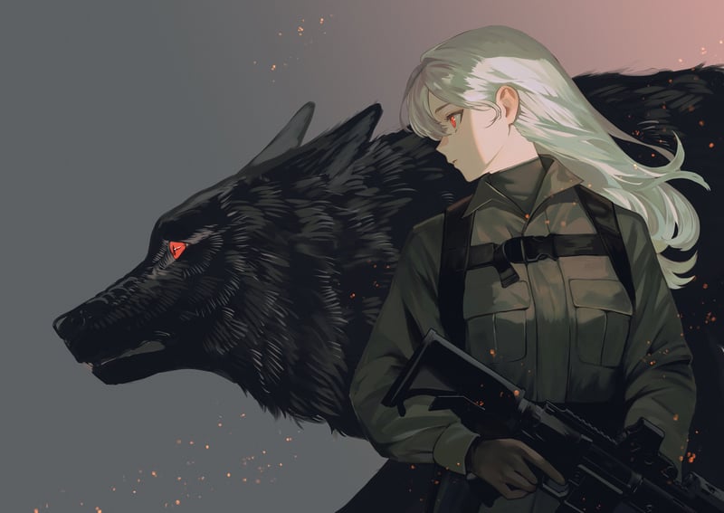 Anime girl with a wolf and a gun