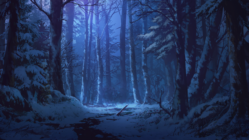 Snowy forest path at night with moonlight