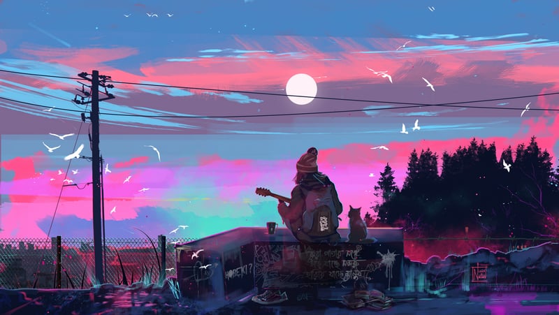 Woman with guitar and cat on rooftop at sunset