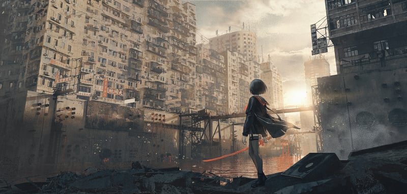 Anime girl with sword in ruined city