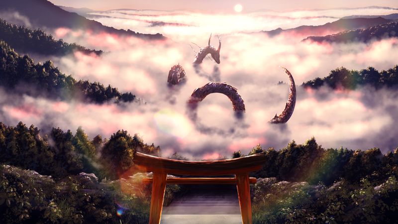 Dragon emerging from clouds over mountains at sunset