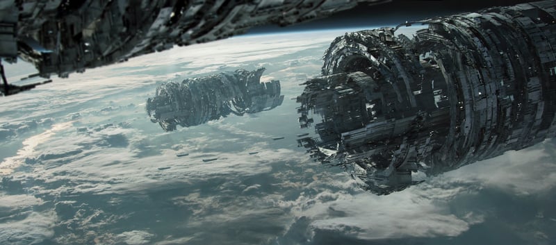 Futuristic spaceships orbiting a planet
