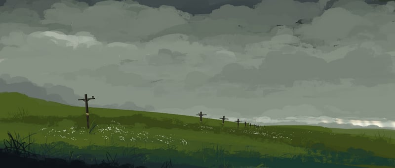 Crosses on a grassy hill under a cloudy sky
