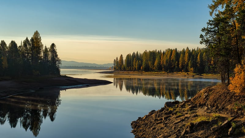 Autumn forest reflected in a calm lake at sunrise