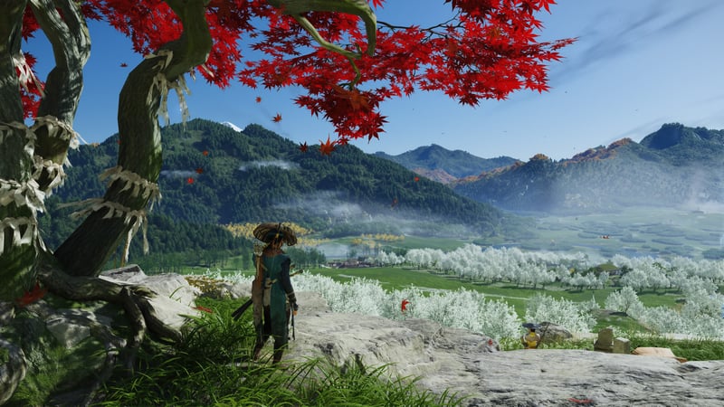 Ghost of Yōtei: A lone warrior surveys a mountainous landscape